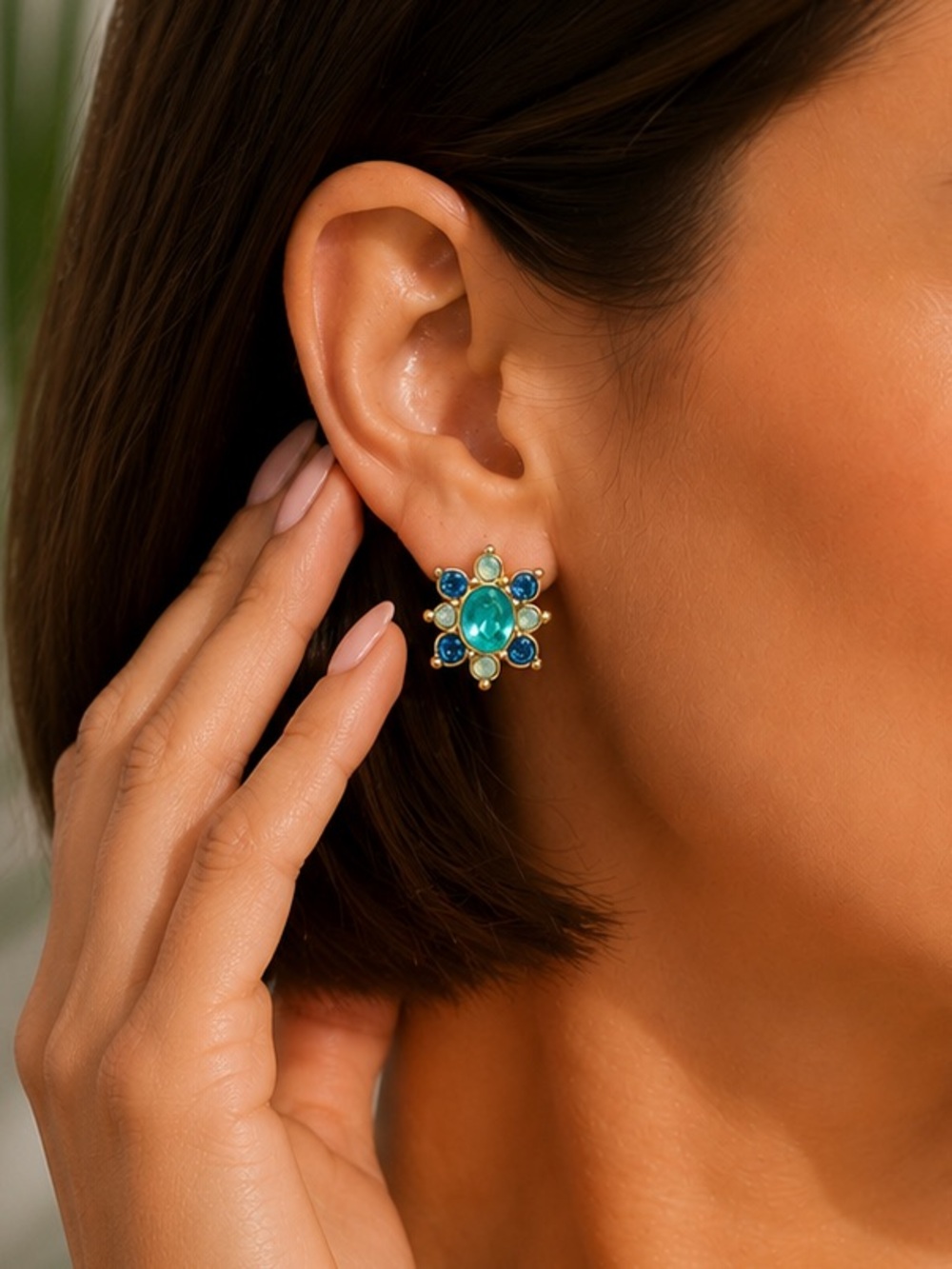 Swarovski Teal Crystal Flower Stud Earrings – Blue & Opal, Gold Tone Statement